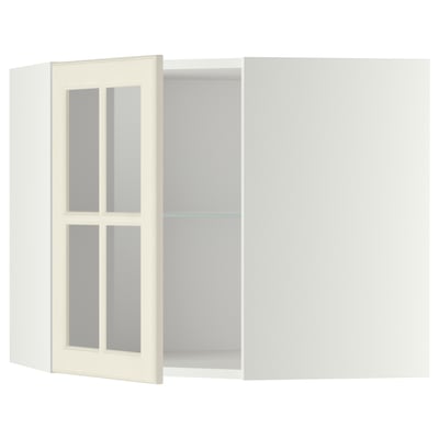 METOD Mueble esquinero con puerta vidrio, blanco/Bodbyn blanco hueso, 68x60 cm