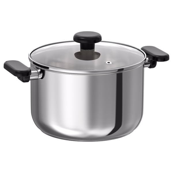 MIDDAGSMAT Olla con tapa, vidrio incoloro/Acero inoxidable, 5 l