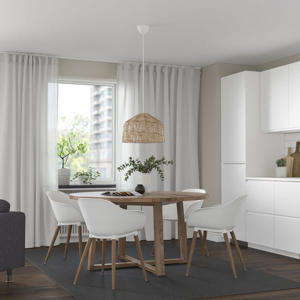 MÖRBYLÅNGA / GRÖNSTA Mesa y 4 sillas con reposabrazos, Chapa de roble tinturado café/blanco, 145 cm