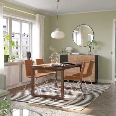 MÖRBYLÅNGA / LILLÅNÄS Juego de comedor 4 puestos, Chapa de roble tinturado café/cromado Bomstad café dorado, 140x85 cm