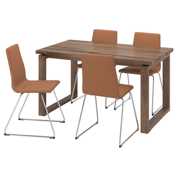 MÖRBYLÅNGA / LILLÅNÄS Juego de comedor 4 puestos, Chapa de roble tinturado café/cromado Bomstad café dorado, 140x85 cm
