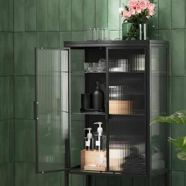 MOSSJÖN Vitrina con 2 puertas, gris oscuro, 60x34x146 cm