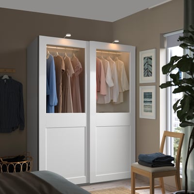 PAX / GRIMO Clóset con puertas corredizas, blanco/vidrio incoloro blanco, 150x66x201 cm