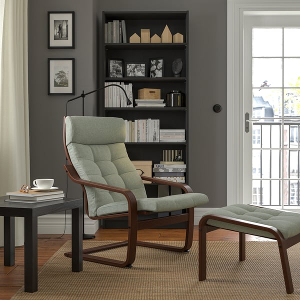 POÄNG Poltrona y reposapiés, café/Gunnared verde claro
