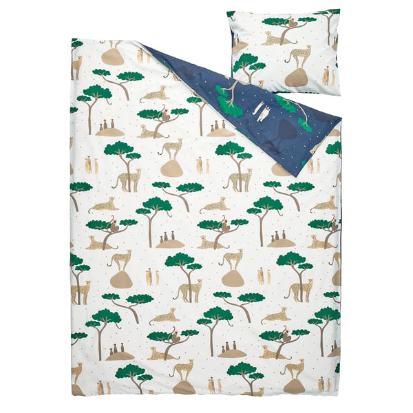 SANDLÖPARE Funda de plumón y funda almohada, blanco azul oscuro/sabana, 150x200/50x60 cm