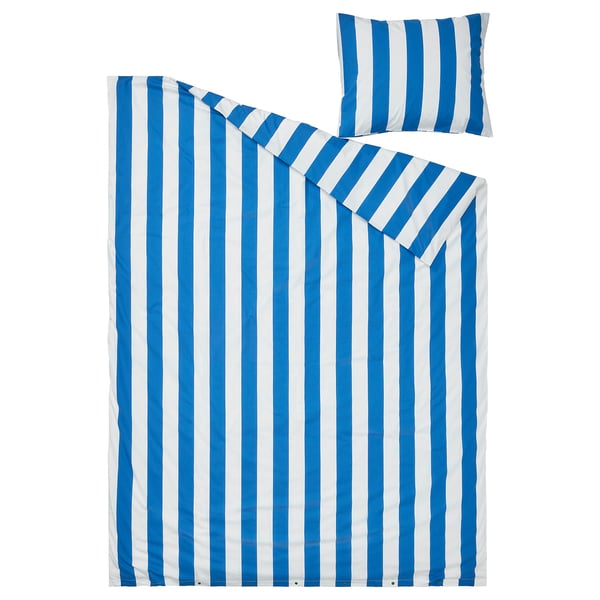 SLÅNHÖSTMAL Funda de plumón y funda almohada, azul con blanco/Rayas, 150x200/50x60 cm