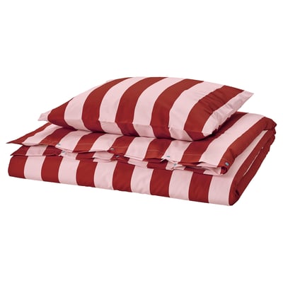 SLÅNHÖSTMAL Funda de plumón y funda almohada, rosado claro rojo oscuro/Raya, 150x200/50x60 cm