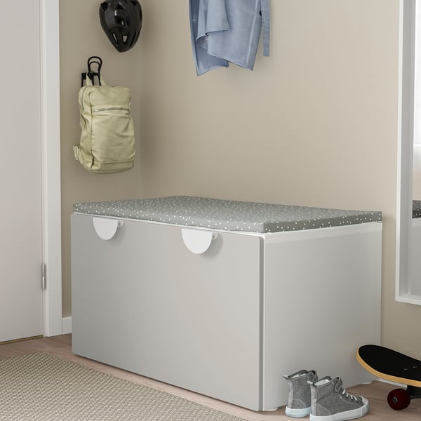 SMÅSTAD Banco con almacenaje juguetes, blanco/gris, 90x52x48 cm