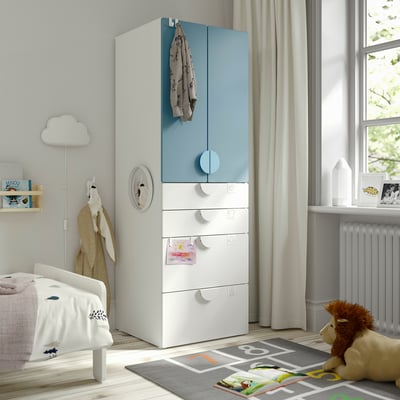 SMÅSTAD / PLATSA Clóset, blanco azul/con 4 cajones, 60x57x181 cm