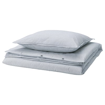 SOLFIBBLA Funda de plumón y funda almohada, blanco azul/Raya, 150x200/50x60 cm