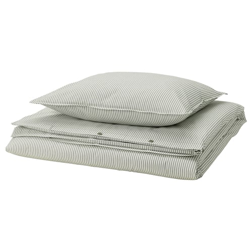 SOLFIBBLA Funda de plumón y funda almohada, blanco verde/Raya, 150x200/50x60 cm