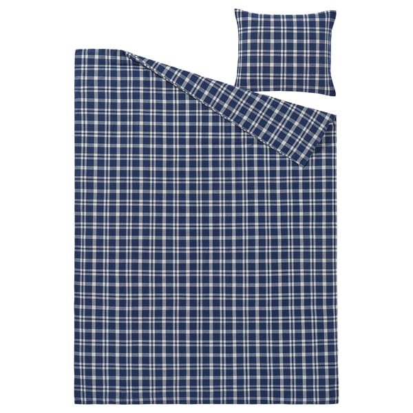 TORNTUSS Funda de plumón y funda almohada, azul oscuro/A cuadros, 150x200/50x60 cm