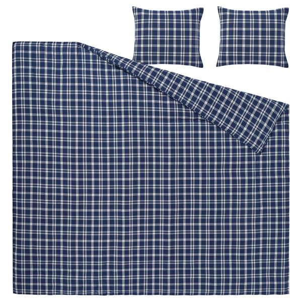 TORNTUSS Funda plumón con 2 fundas almohada, azul oscuro/A cuadros, 240x220/50x60 cm