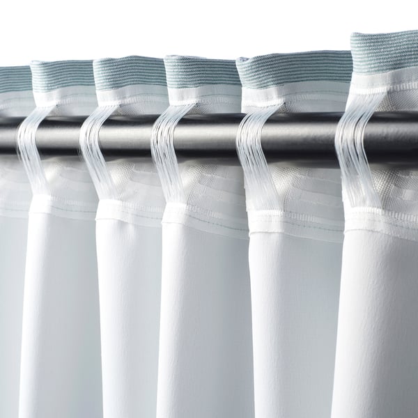 VILBORG Cortinas oscurecedoras, 1 par, blanco con turquesa/con cinta de fruncir, 145x250 cm