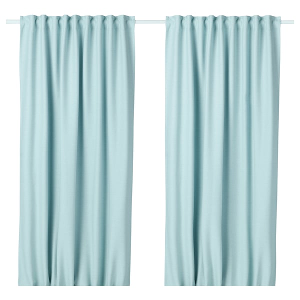 VILBORG Cortinas oscurecedoras, 1 par, blanco con turquesa/con cinta de fruncir, 145x250 cm
