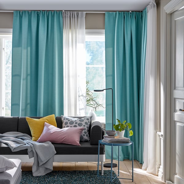 VILBORG Cortinas oscurecedoras, 1 par, blanco con turquesa/con cinta de fruncir, 145x250 cm