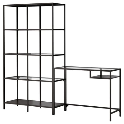 VITTSJÖ Estantería+módulo portátil, negro con café/Vidrio, 200x36x175 cm