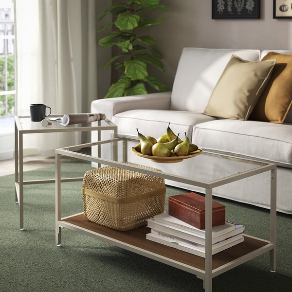 VITTSJÖ Set 2 mesas nido auxiliar, beige claro/Vidrio, 90x50 cm