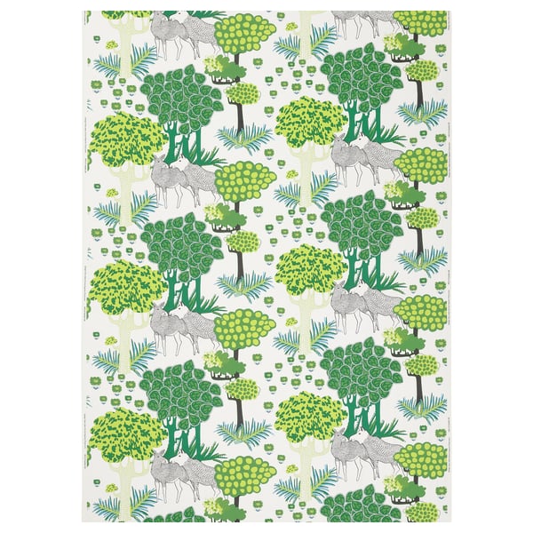 Látka ÄLGÖRT: zelená, recyklovaná bavlna, los, stromy, obdélníkový vzor, opakující se vzor.