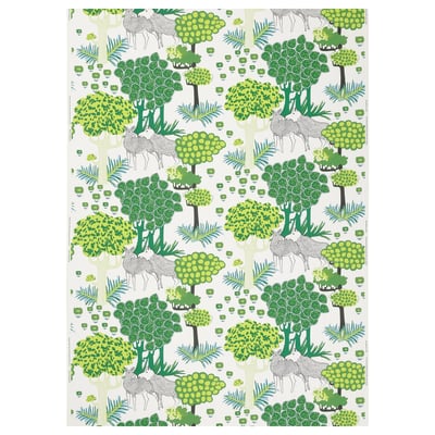 Látka ÄLGÖRT: zelená, recyklovaná bavlna, los, stromy, obdélníkový vzor, opakující se vzor.