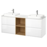 Bílé koupelnové umyvadlo ÄNGSJÖN s dvěma moderními umyvadly, které kombinuje otevřený a uzavřený úložný prostor s elegantním lesklým povrchem.