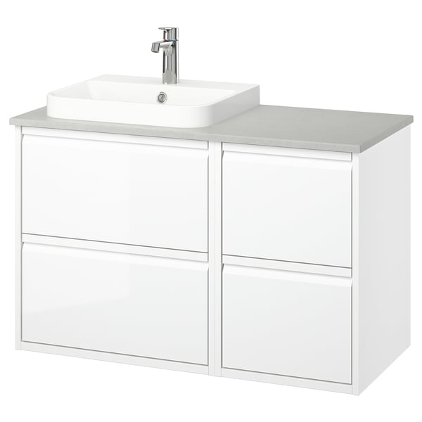 Bílé moderní koupelnové umyvadlo, nástěnné se 4 zásuvkami, elegantní design, chromová baterie, mramorové umyvadlo.