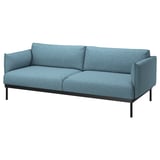 Modrá látková pohovka, moderní design, elegantní kovové nohy, pohodlné polštáře.