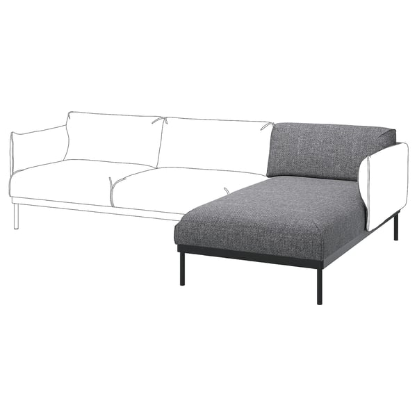 Moderní šedá pohovka, minimalistický design s tenkými černými nohami, lenoška směřující doleva.