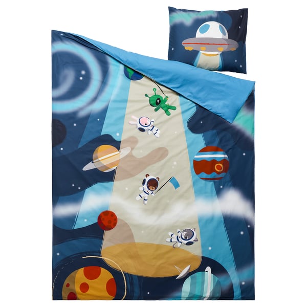 Dětská peřina a polštář s vesmírnou tématikou, modrá & bílá, bavlna/lyocell, zip, design astronauta & mimozemšťana.