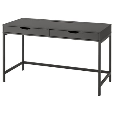 Moderní černý psací stůl ALEX s tenkými kovovými nohami, obdélníkovou horní deskou a dvěma zásuvkami pro elegantní úložný prostor.