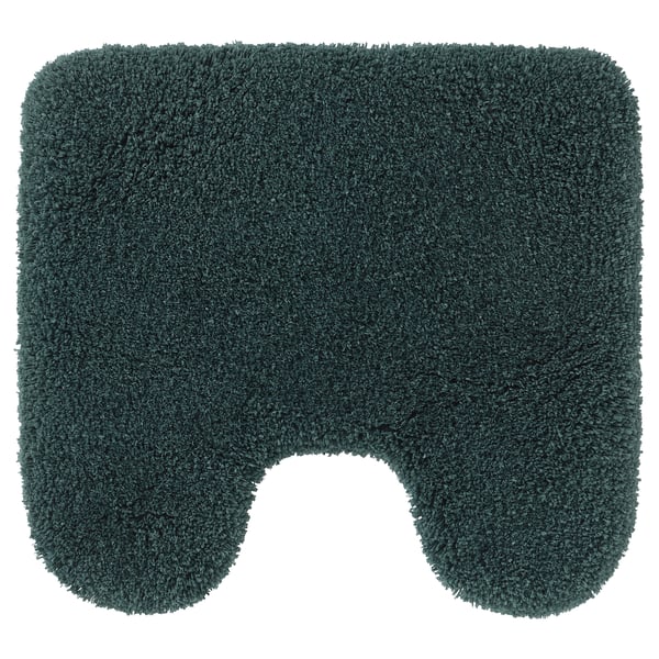 Tmavě zelená, obdélníková koupelnová předložka s vykrojeným středem, plyšová textura, recyklovaný polyester.