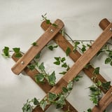 Dřevěná mříž namontovaná na bílé stěně, podpírající zelenou révu, usnadňující růst rostlin vertikálně.