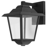 Černá venkovní nástěnná lampa s čirým sklem, robustní kovový design, moderní hranatý tvar.