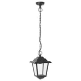 Černá venkovní závěsná lampa s čirým sklem, klasický styl, rustikální nádech, odolný kov.