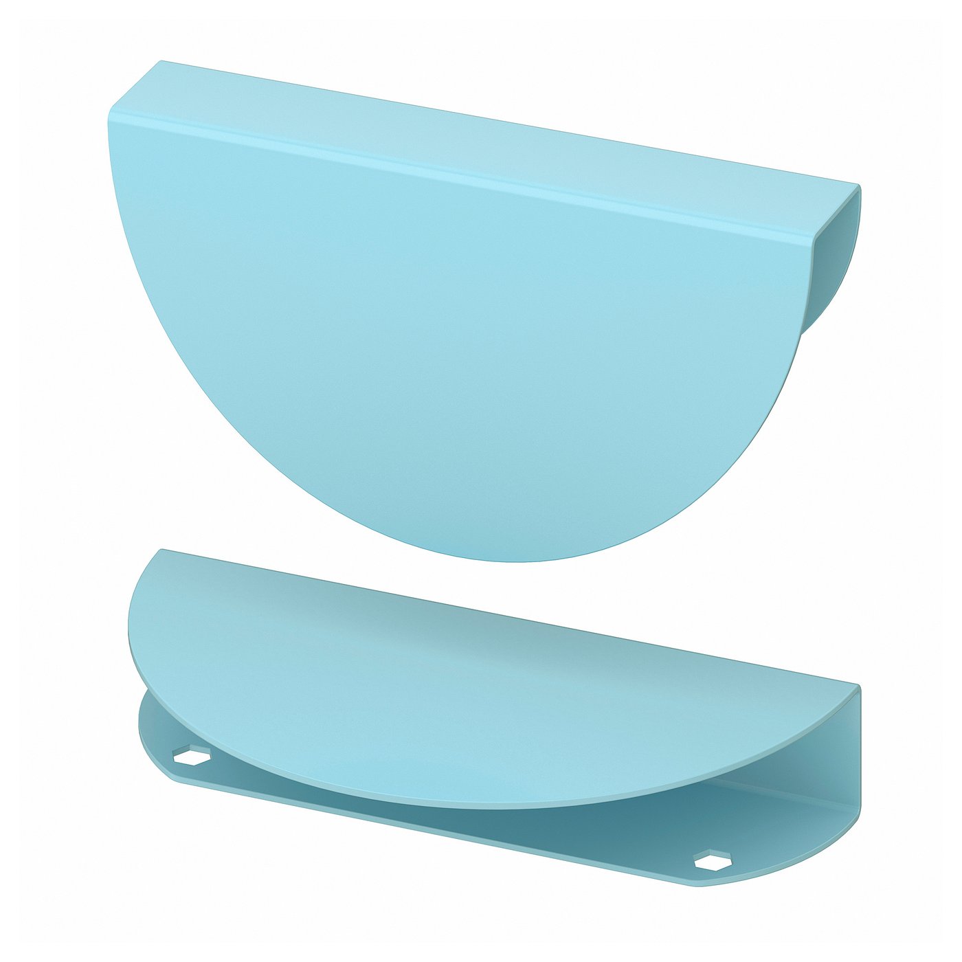 Zobrazuje dvě tyrkysové úchytky BEGRIPA, navržené s půlkruhovým tvarem a hladkými hranami, ideální pro zásuvky nebo skříňky.