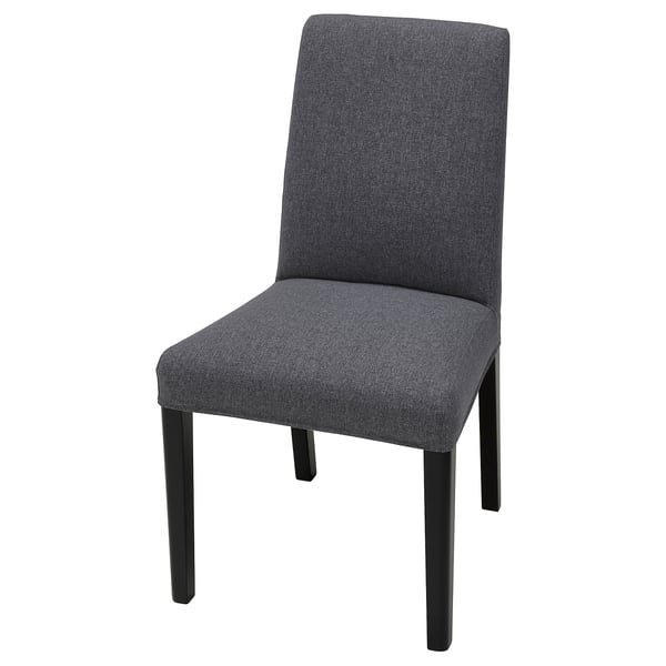 Moderní šedá látka Jídelní židle BERGMUND s elegantními černými nohami.