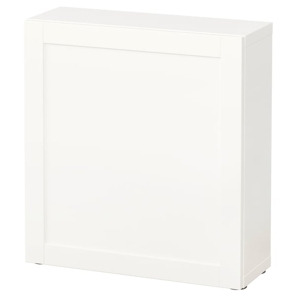 Bílá skříňka BESTÅ, elegantní design, jednokřídlé dveře, čtvercový tvar.