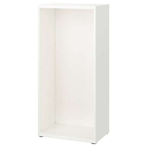 Jedná se o bílý rám skříňky IKEA BESTÅ s jednoduchým, obdélníkovým designem a nastavitelnými nožičkami.