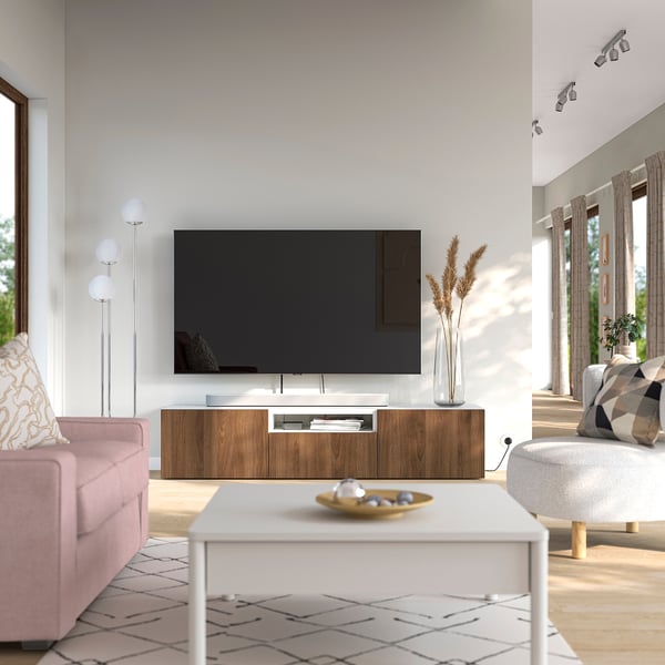 BESTÅ TV stolek, bílá hnědá/Lappviken vzor ořech, 180x42x39 cm