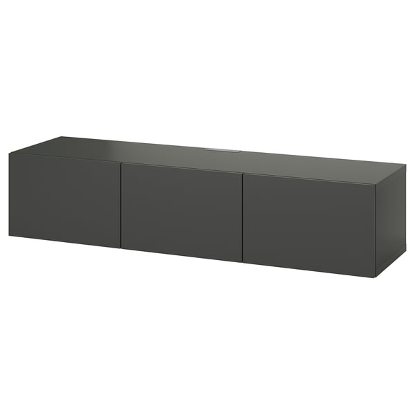 Tmavě šedý obdélníkový tv stolek se třemi skříňkami, nástěnný, elegantní minimalistický design.