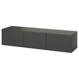Tmavě šedý obdélníkový tv stolek se třemi skříňkami, nástěnný, elegantní minimalistický design.