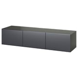 Moderní minimalistický tmavě šedý nástěnný televizní pult se 3 úložnými přihrádkami a vedením kabelů.