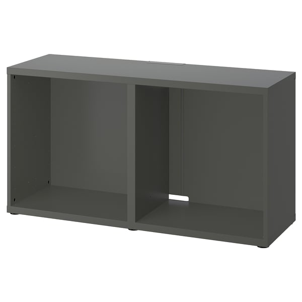 TV stolek IKEA BESTÅ v tmavě šedé barvě. Je obdélníkový, měří 50x120 cm, s otevřeným prostorem a nastavitelnými nožičkami pro stabilitu.