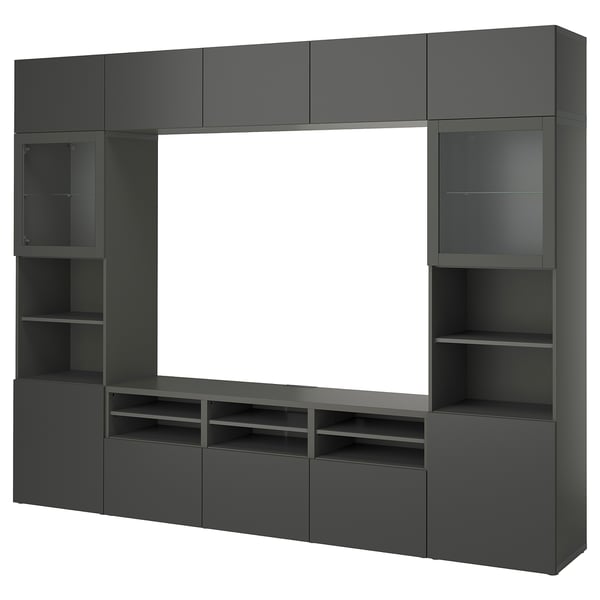 TV jednotka BESTÅ s policemi a skříňkami na skladování, moderní design.