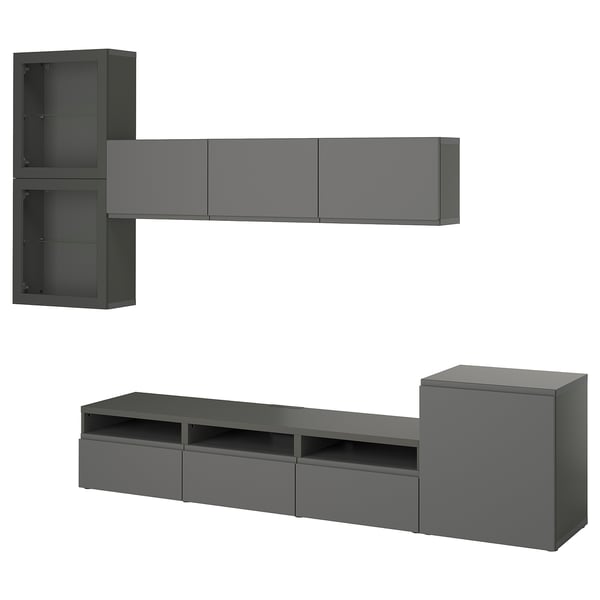 Moderní šedý TV stolek BESTÅ s horními skříňkami, který kombinuje elegantní design s praktickým úložným prostorem.