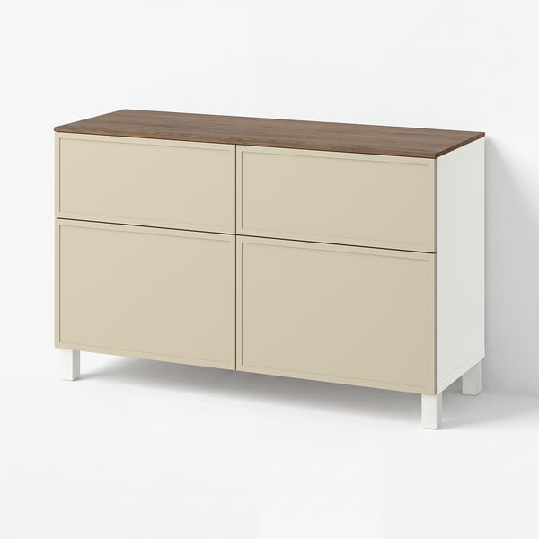 BESTÅ Úlož.sestava s dvířky/zásuvkami, bílá/Krukmakare béžová, 120x42x75 cm
