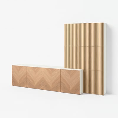 BESTÅ Úložná sestava s dvířky, bílá Hedeviken/Björköviken dýha dub, 300x42x193 cm