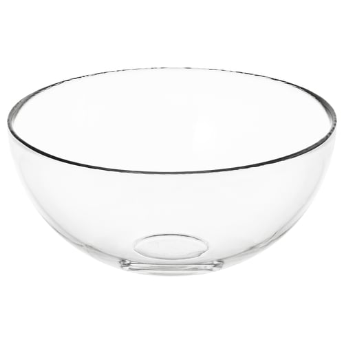 Čirá skleněná mísa, jednoduchý design, kulatý tvar, průhledná.