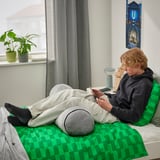 Teenager s telefonem na zeleném polštáři těla, rostlina u okna, u plakát.
