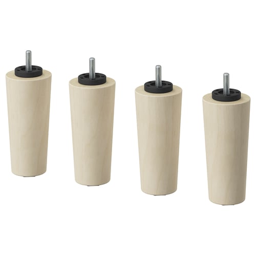 Čtyři světle hnědé válcovité dřevěné nohy s černým plastovým a kovovým kováním; Jednoduchý a minimalistický design.
